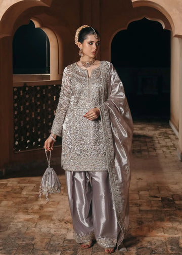 Gulnaar silver mauve tissue shalwar kameez with heavy embroidery, farshi shalwar, and dupatta from Saheli Luxury Pret Collection by Kanwal Malik.