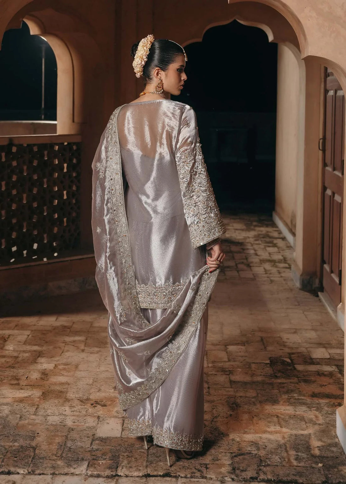 Gulnaar silver mauve tissue shalwar kameez with heavy embroidery, farshi shalwar, and dupatta from Saheli Luxury Pret Collection by Kanwal Malik.