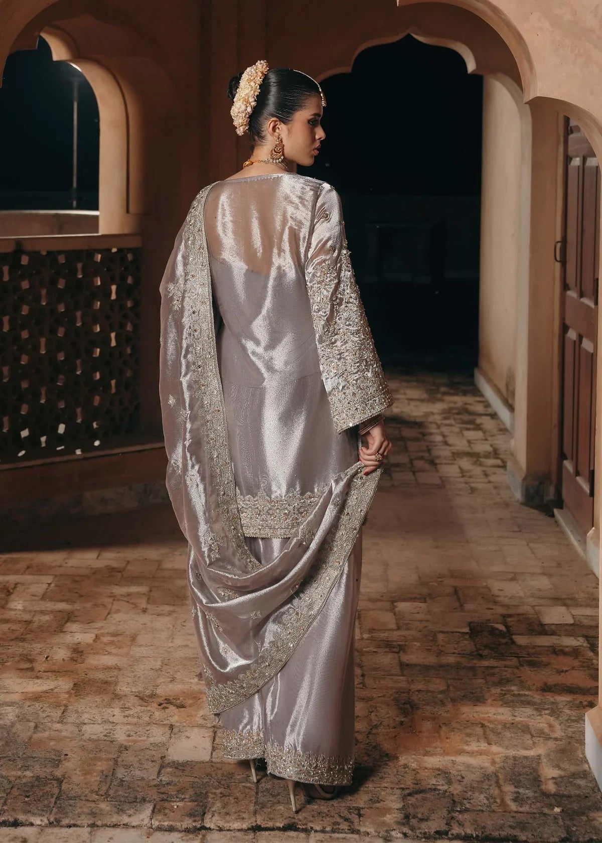 Gulnaar silver mauve tissue shalwar kameez with heavy embroidery, farshi shalwar, and dupatta from Saheli Luxury Pret Collection by Kanwal Malik.