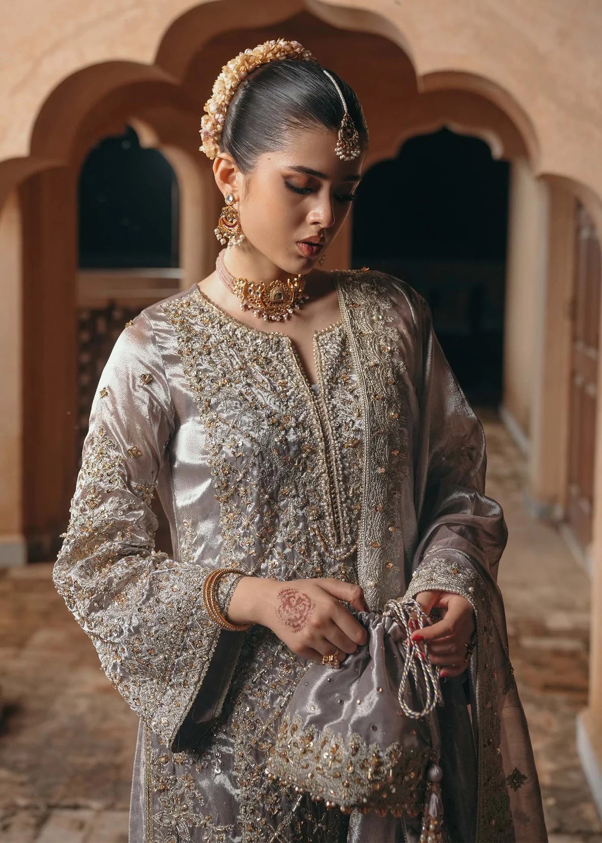 Gulnaar silver mauve tissue shalwar kameez with heavy embroidery, farshi shalwar, and dupatta from Saheli Luxury Pret Collection by Kanwal Malik.