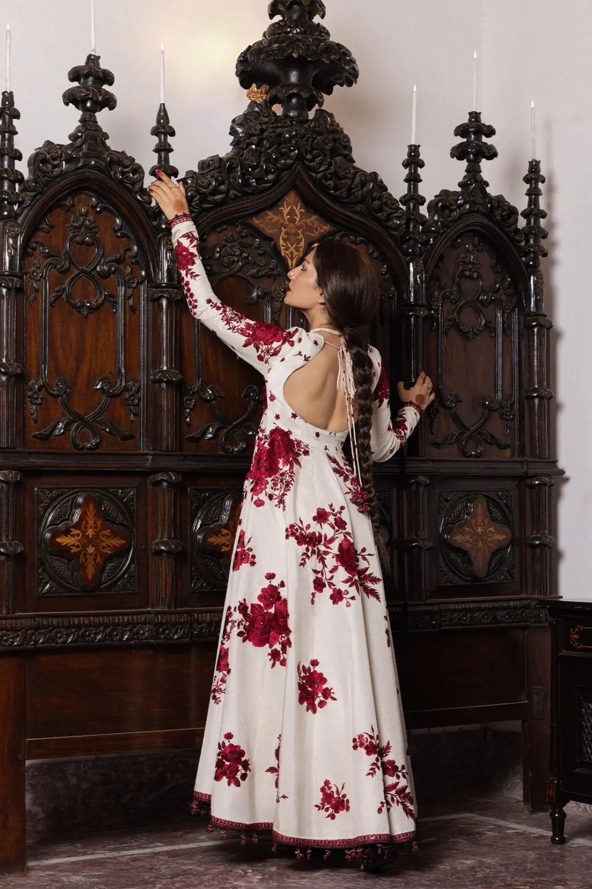Gulnar Hussain Rehar ivory embroidered stitched Peshwas with crimson floral embroidery and black raw silk shawl