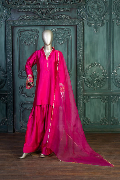 Gulnoor-Traditional Majenta pink Silk outfit with Farshi Shalwar
