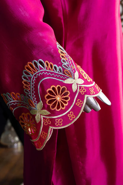 Gulnoor-Traditional Majenta pink Silk outfit with Farshi Shalwar