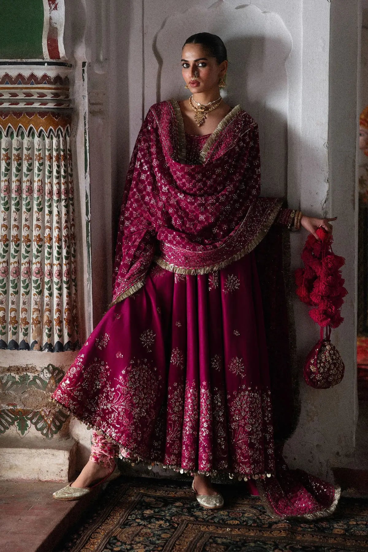 Pakistanimoda Gulpanra Hussain Rehar hot pink stitched raw silk pishwas 3PC printed chooridar chiffon dupatta worldwide delivery