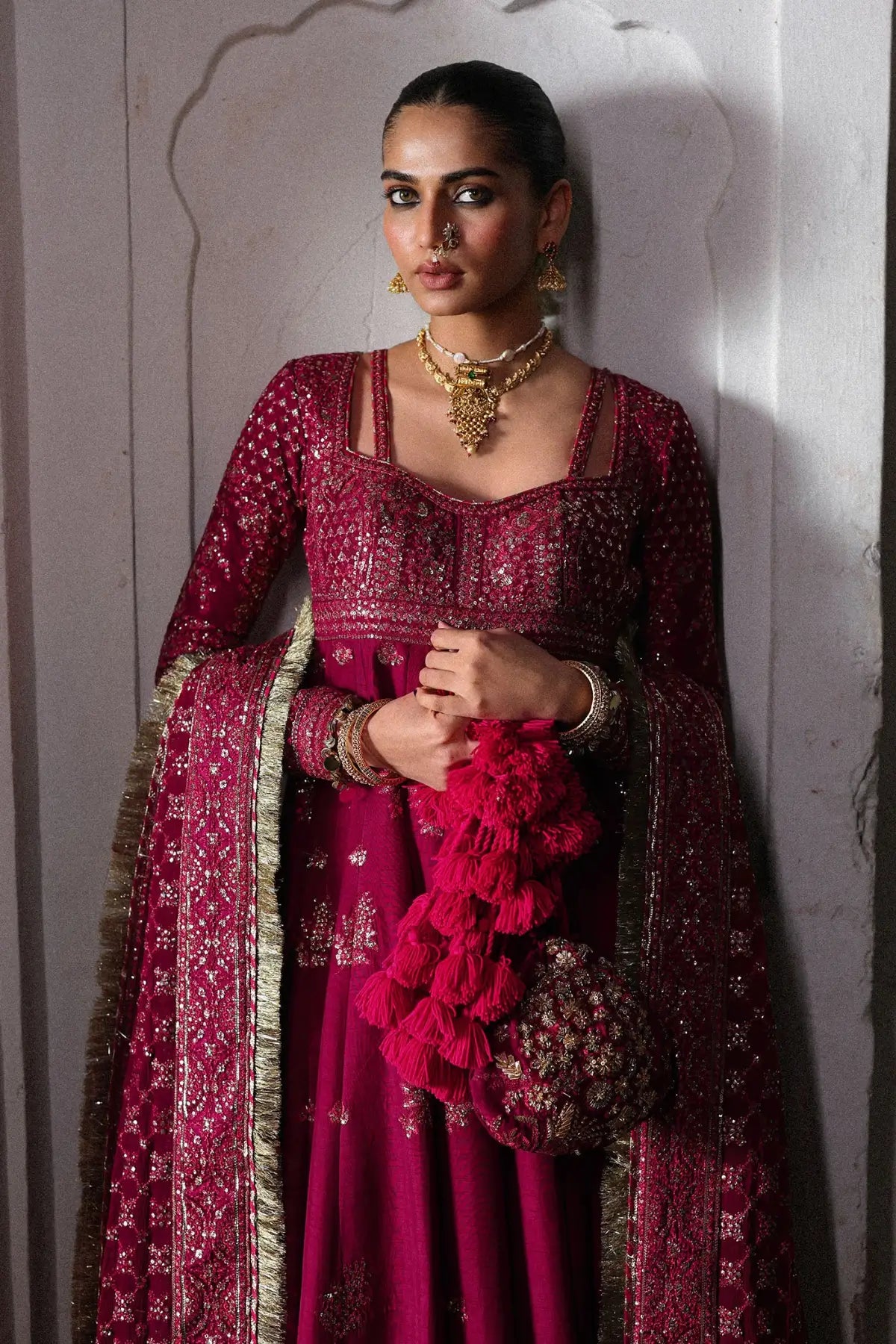 Pakistanimoda Gulpanra Hussain Rehar hot pink stitched raw silk pishwas 3PC printed chooridar chiffon dupatta worldwide delivery