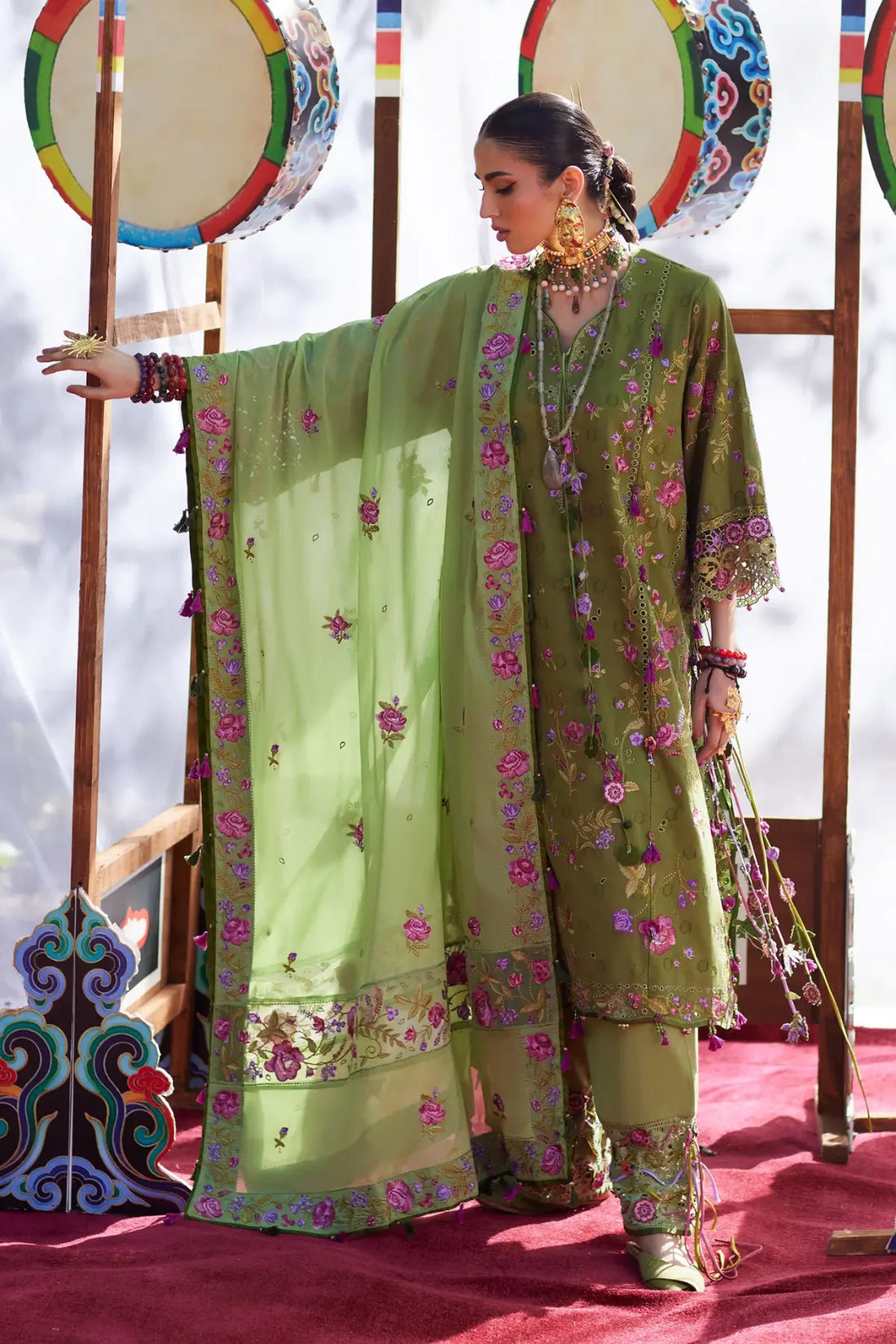 Gulraaz EL26-08 A olive green Élan Lawn'26 stitched 3PC suit with voile dupatta