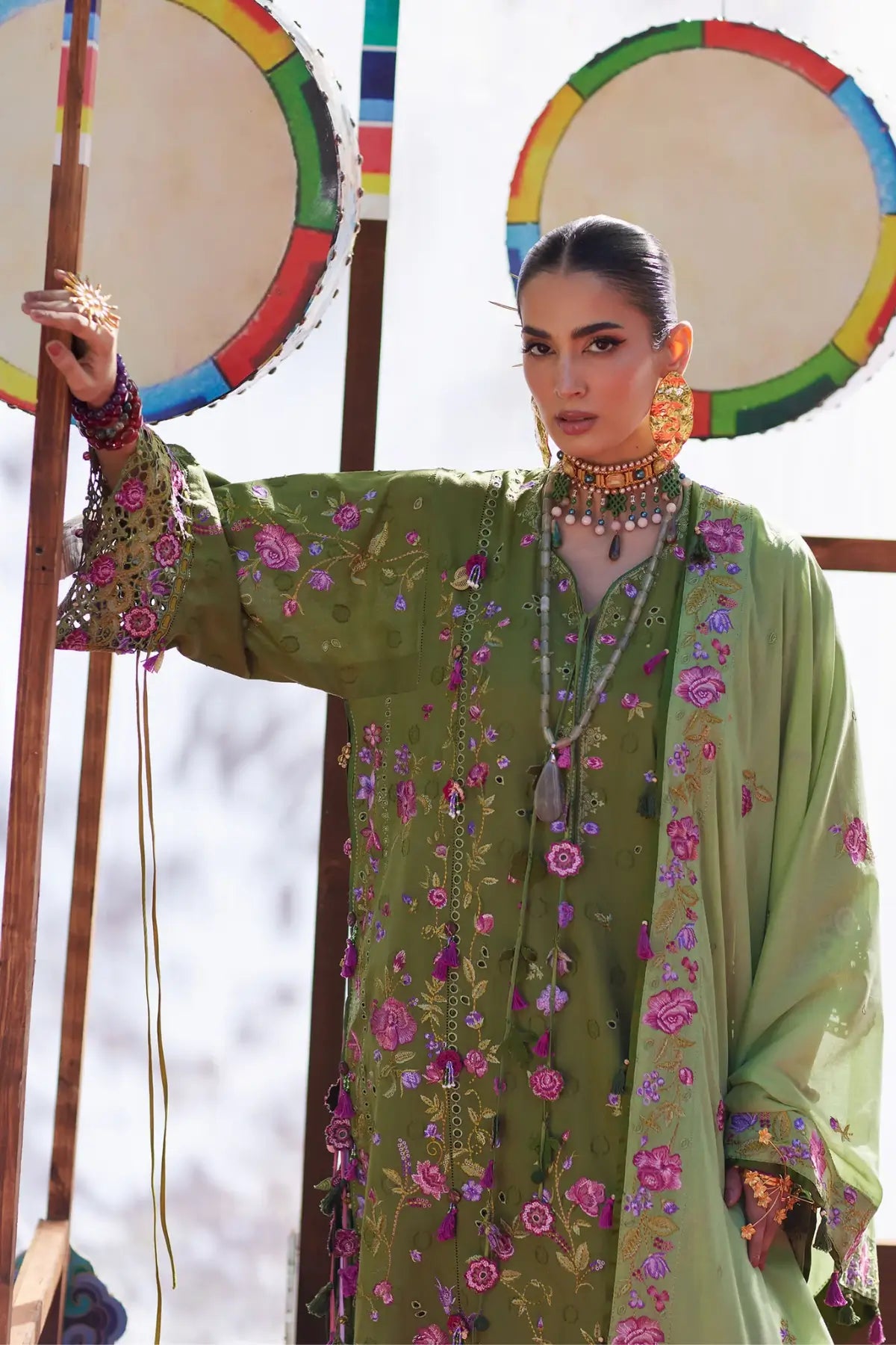 Gulraaz EL26-08 A olive green Élan Lawn'26 stitched 3PC suit with voile dupatta