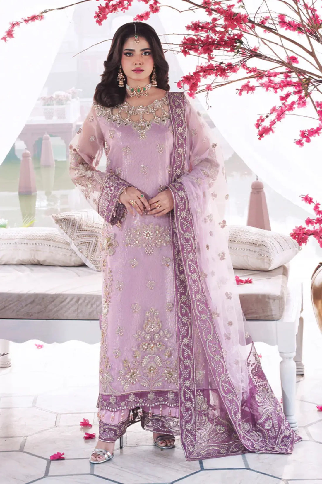 Gulraiz pink signature stitched bridal edit UK buyers embroidered organza net dupatta Pakistanimoda.com