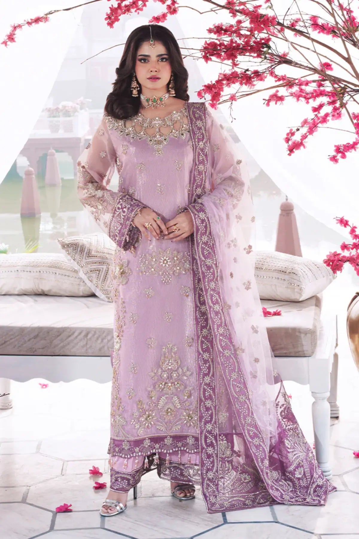Gulraiz pink signature stitched bridal edit UK buyers embroidered organza net dupatta Pakistanimoda.com