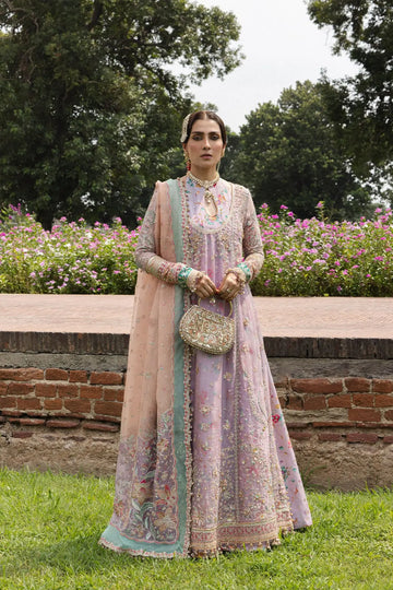 Gulrang Hussain Rehar lilac organza stitched A-line shirt with printed inner dress and embroidered blush dupatta