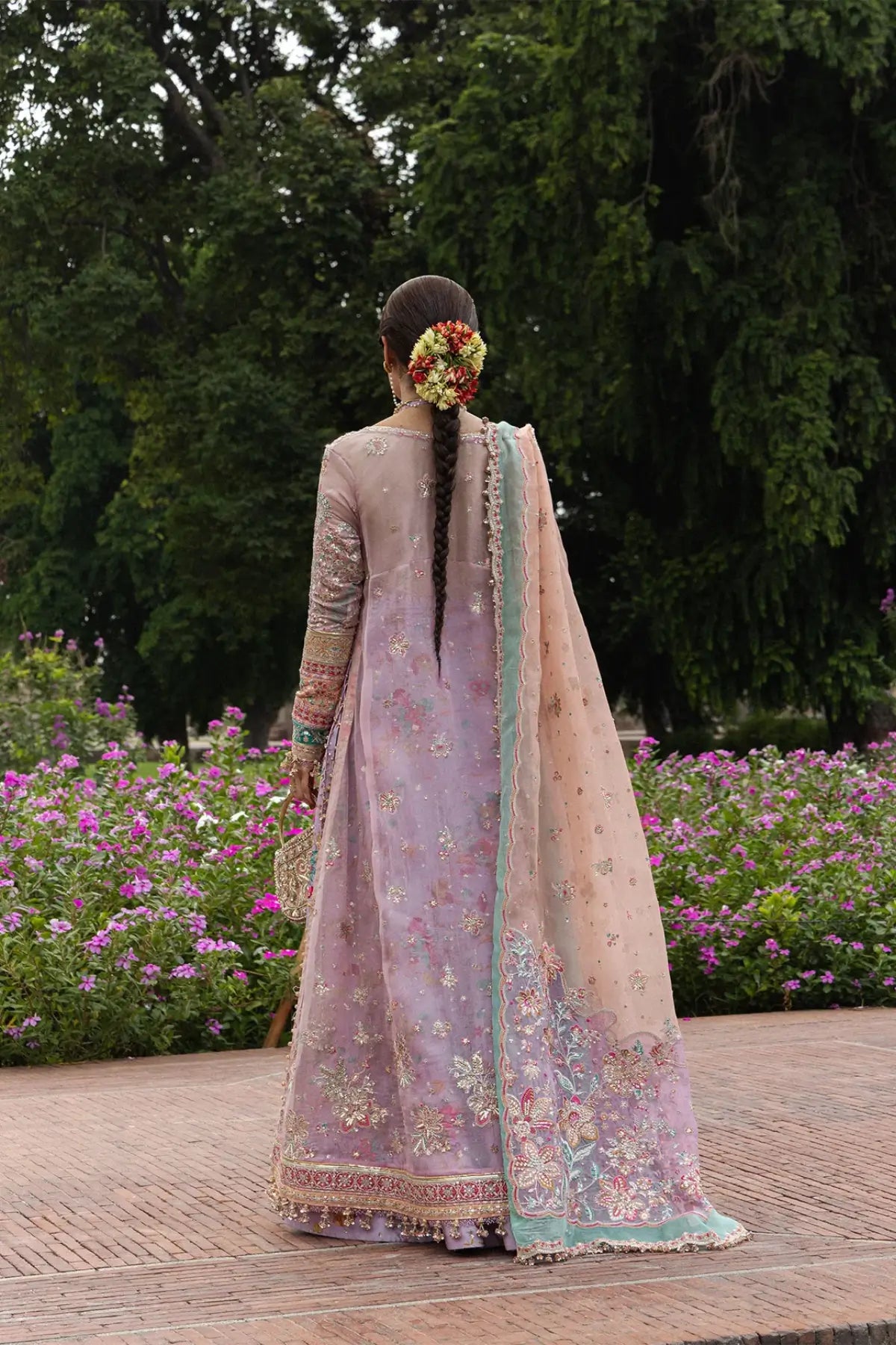 Gulrang Hussain Rehar lilac organza stitched A-line shirt with printed inner dress and embroidered blush dupatta