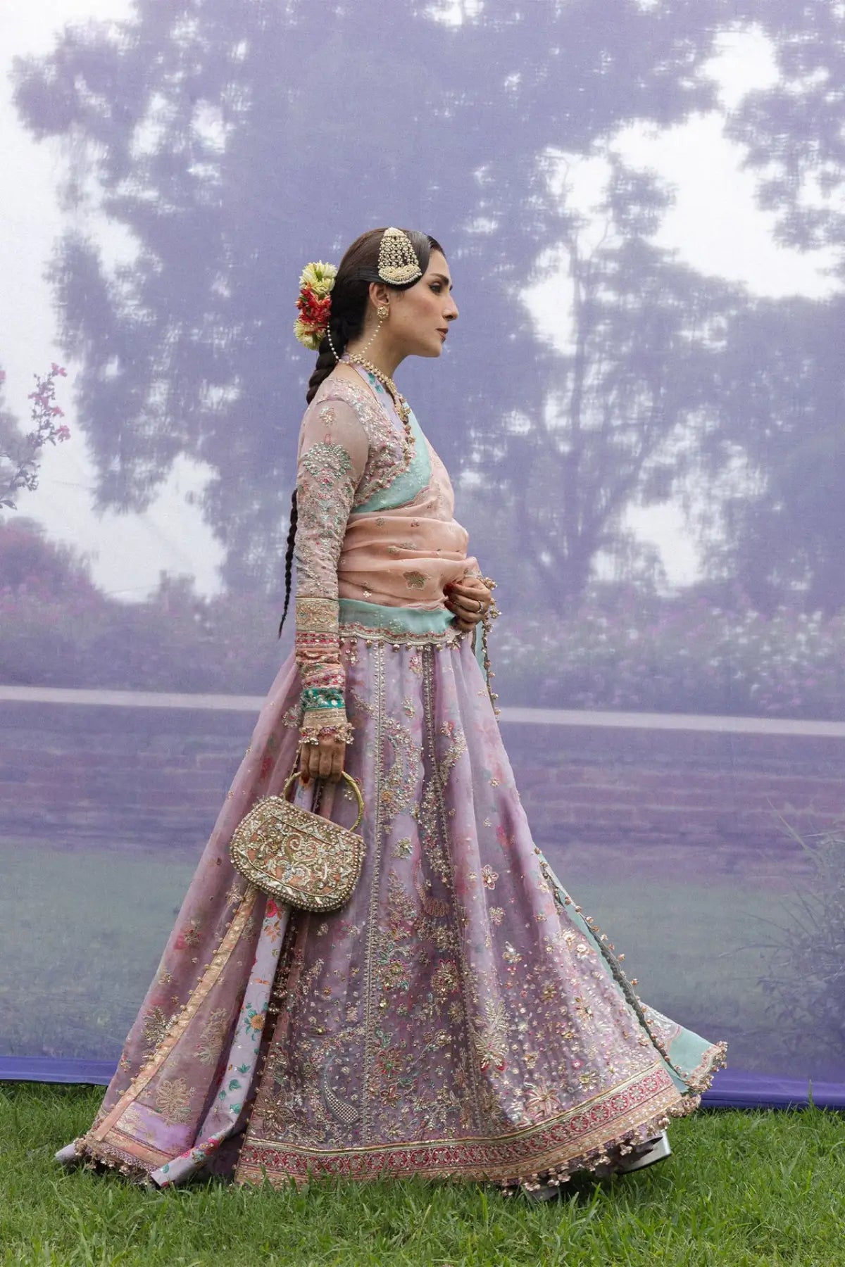 Gulrang Hussain Rehar lilac organza stitched A-line shirt with printed inner dress and embroidered blush dupatta