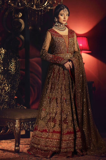 Gulrukh Begum-Contemporary Golden Pakistani Bridal Ensemble with Red Lehenga