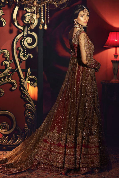 Gulrukh Begum-Contemporary Golden Pakistani Bridal Ensemble with Red Lehenga