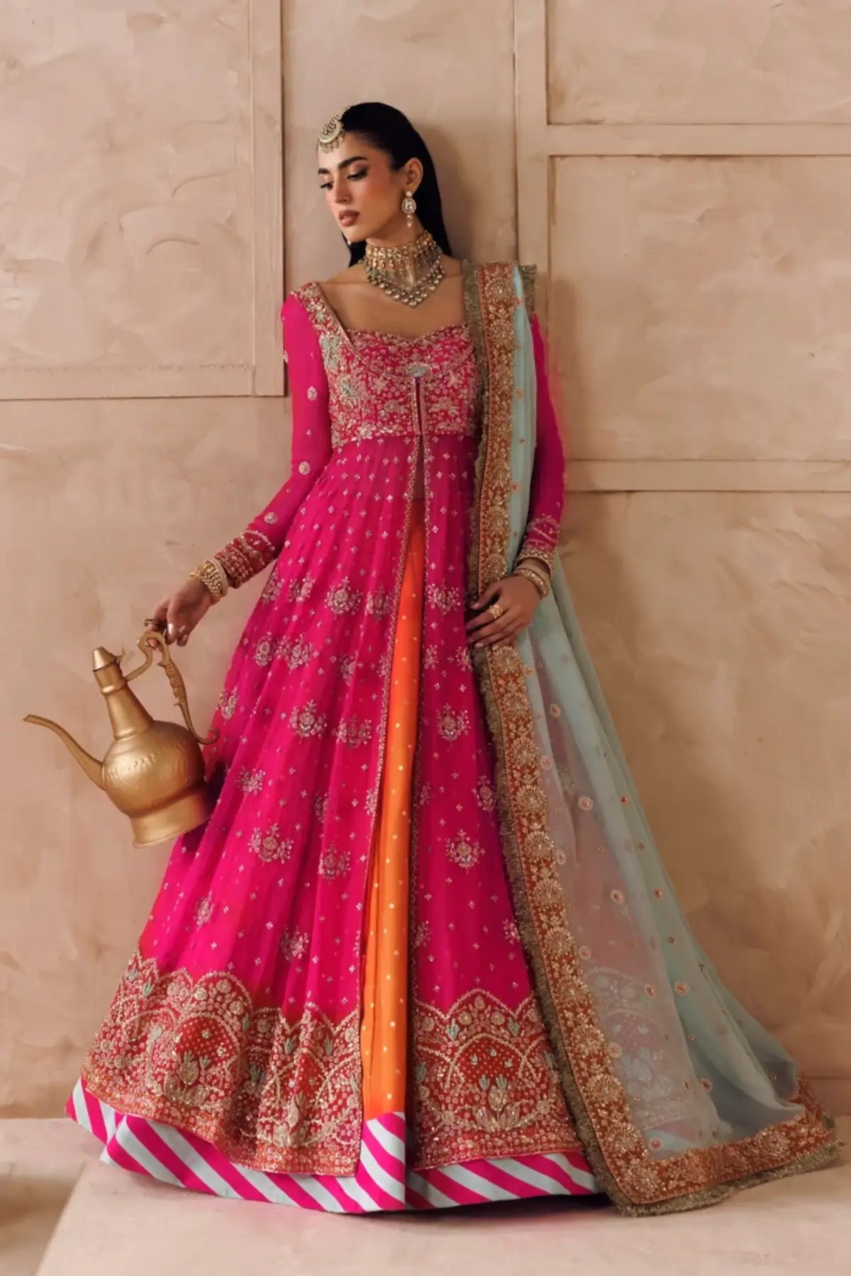 Gulrukh fuchsia pink chiffon Pakistani bridal stitched maxi dress with embroidered dupatta from Riwayat Bridal Edit 26