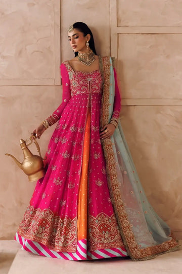 Gulrukh fuchsia pink chiffon Pakistani bridal stitched maxi dress with embroidered dupatta from Riwayat Bridal Edit 26