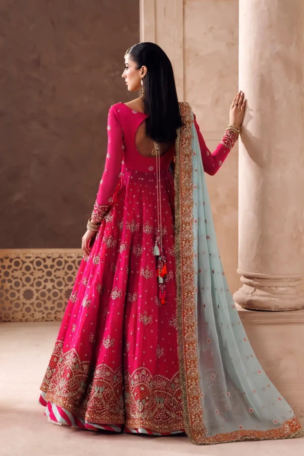 Gulrukh fuchsia pink chiffon Pakistani bridal stitched maxi dress with embroidered dupatta from Riwayat Bridal Edit 26
