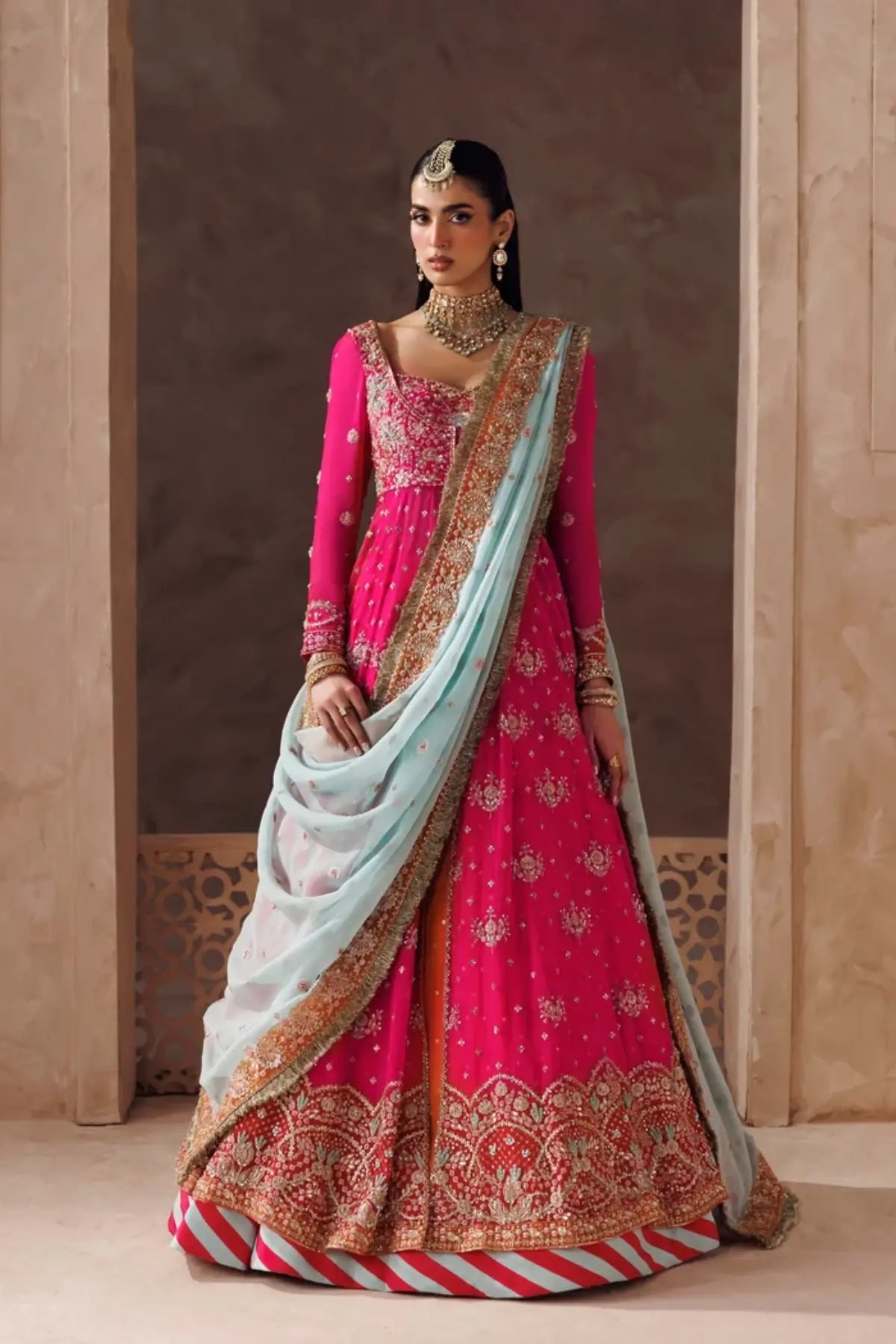 Gulrukh fuchsia pink chiffon Pakistani bridal stitched maxi dress with embroidered dupatta from Riwayat Bridal Edit 26
