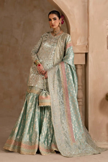 Gulrukh Kanwal Malik Shehnai powder blue tissue gharara set with tissue silk dupatta and hand embellishments