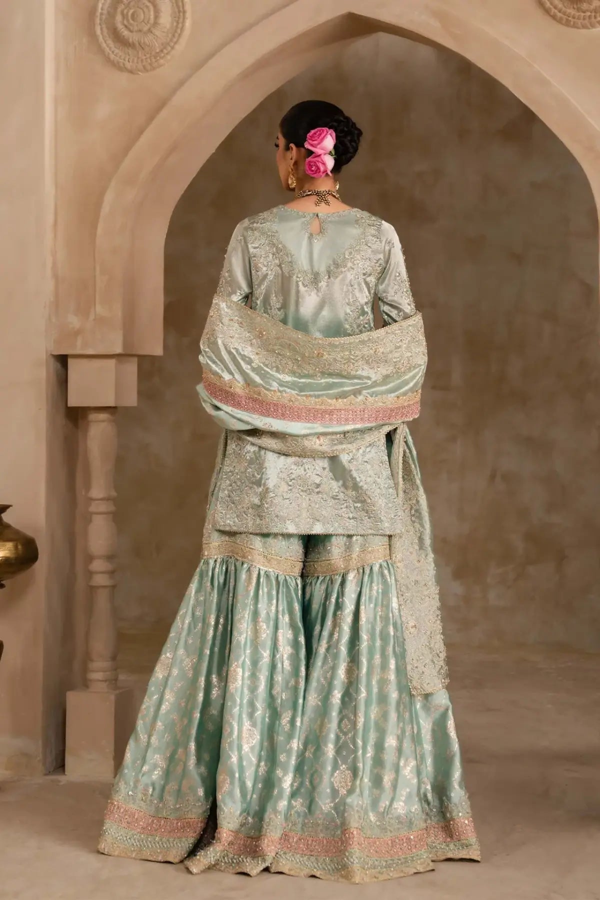 Gulrukh Kanwal Malik Shehnai powder blue tissue gharara set with tissue silk dupatta and hand embellishments