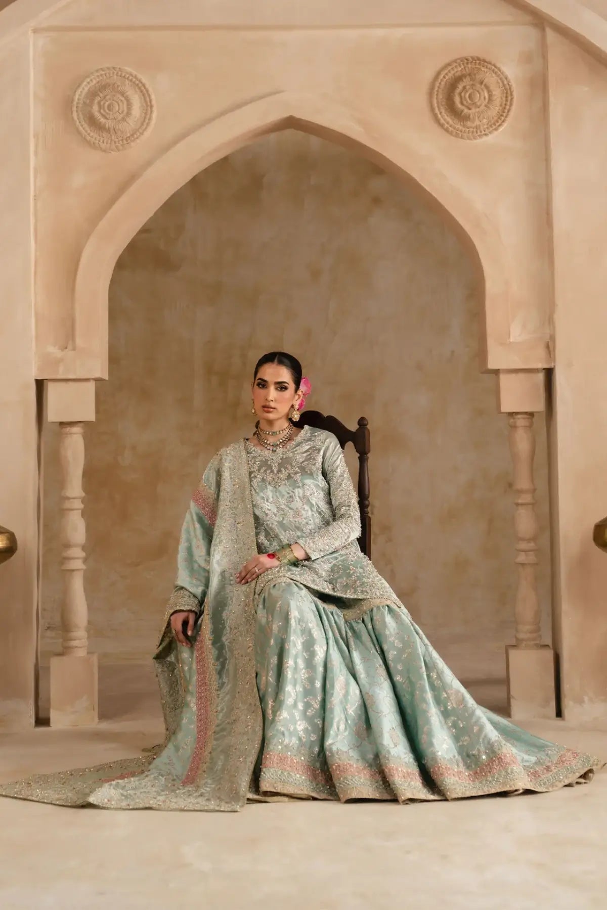 Gulrukh Kanwal Malik Shehnai powder blue tissue gharara set with tissue silk dupatta and hand embellishments