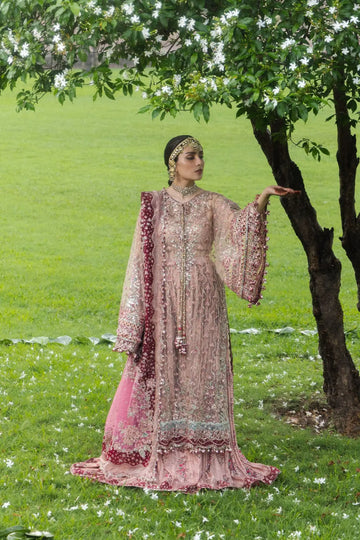Gulrukh Hussain Rehar powder pink embroidered net stitched sharara suit with maroon pink organza dupatta