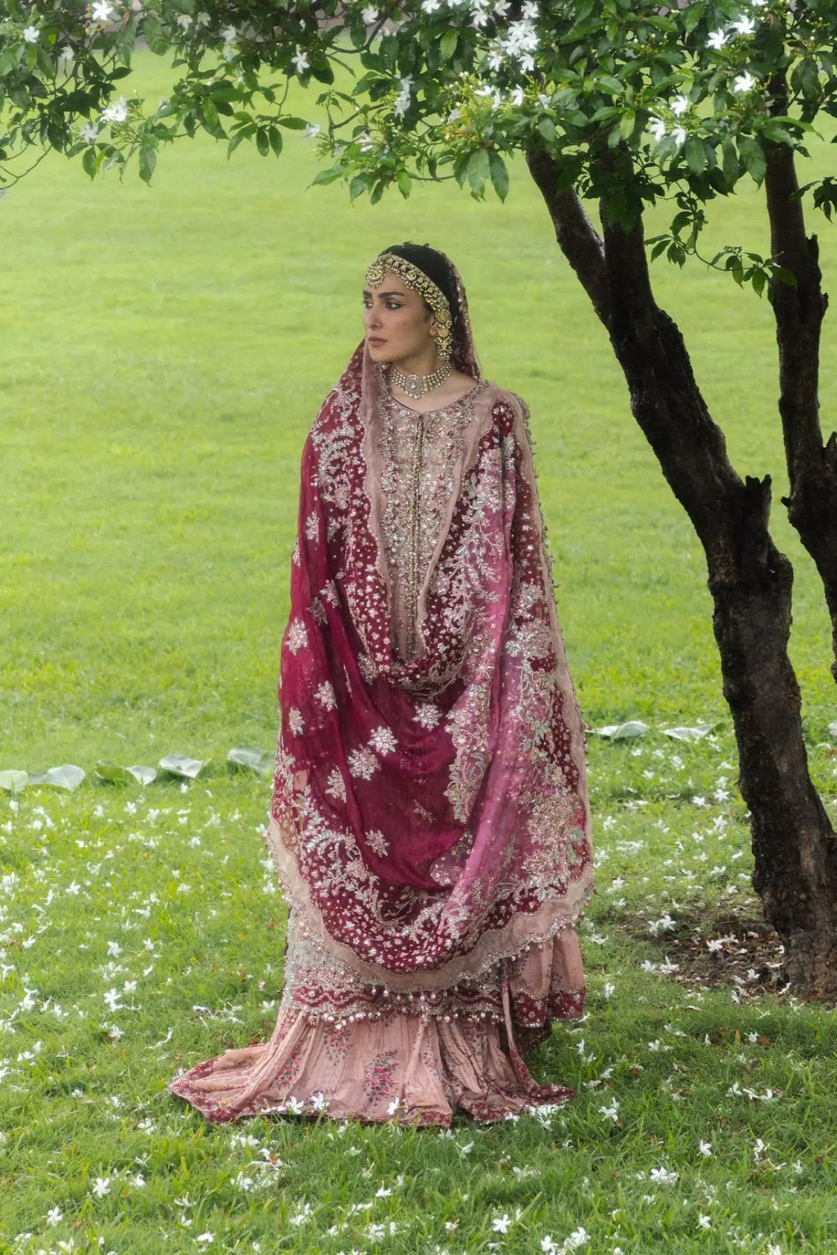 Gulrukh Hussain Rehar powder pink embroidered net stitched sharara suit with maroon pink organza dupatta