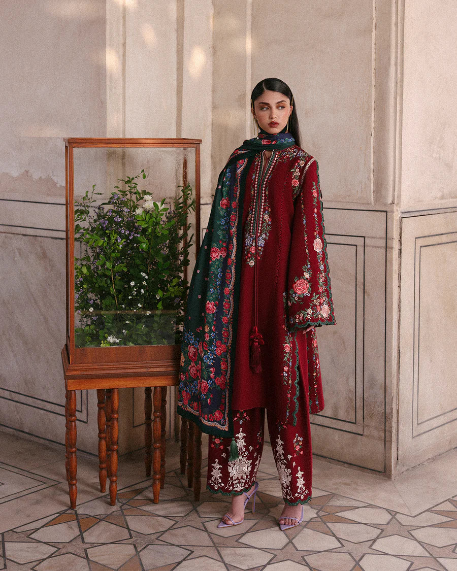 Jugnu Lahore Gulshan maroon khaddar embroidered stitched suit with printed wool shawl – 3pc winter outfit.