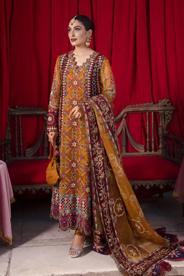 Gulshan Jhoomro mustard dori work organza wedding stitched 3PC suit with hand embellishments, raw silk trouser and printed organza dupatta