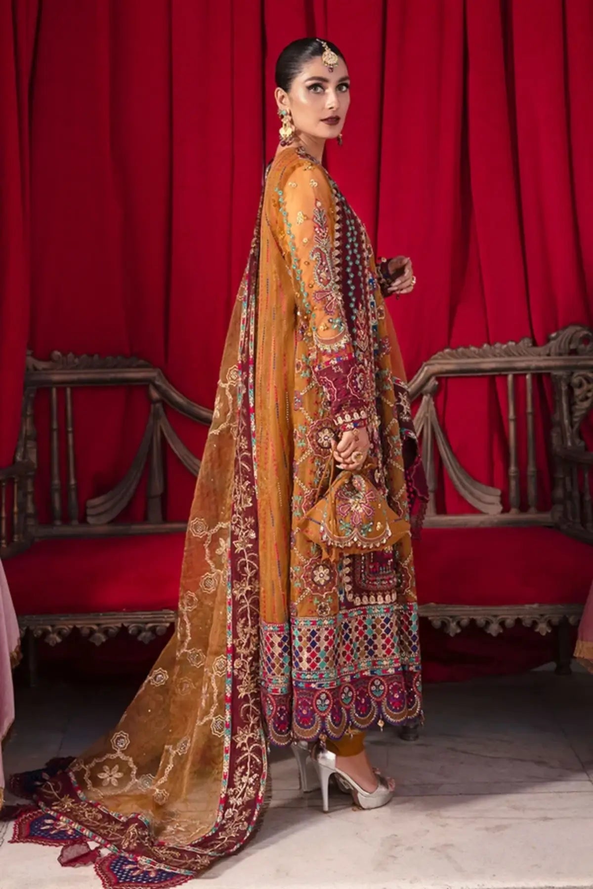 Gulshan Jhoomro mustard dori work organza wedding stitched 3PC suit with hand embellishments, raw silk trouser and printed organza dupatta