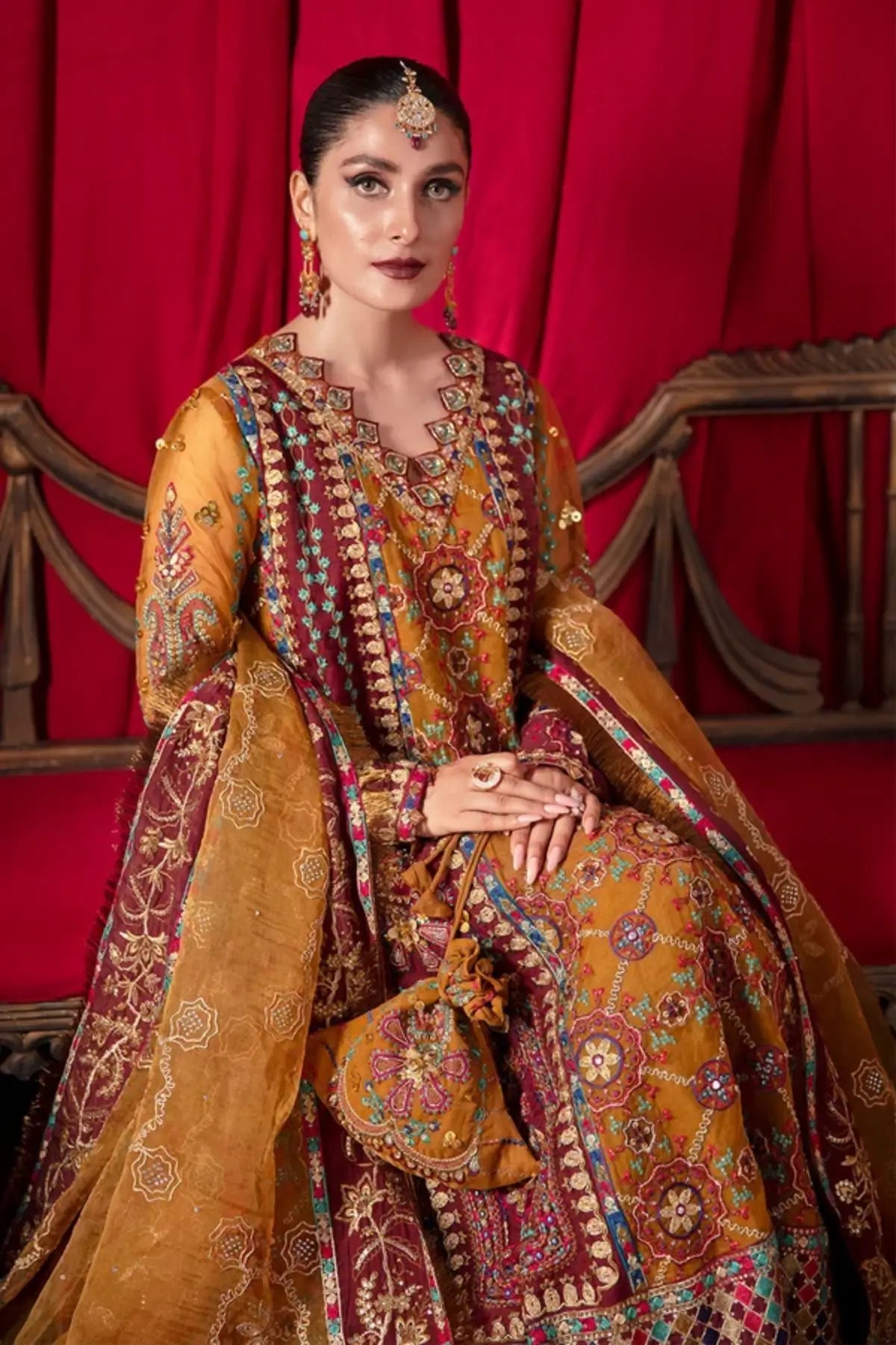 Gulshan Jhoomro mustard dori work organza wedding stitched 3PC suit with hand embellishments, raw silk trouser and printed organza dupatta