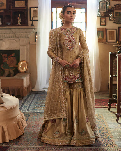 Gurleen-Embellished tissue shirt with Gharara-By-Faiza Saqlain