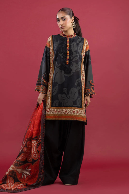 H253-001A-3DE – Mahay all-black lawn stitched suit with organza neckline and printed monarc dupatta – Elegant Pakistani outfit for UK women at Pakistanimoda