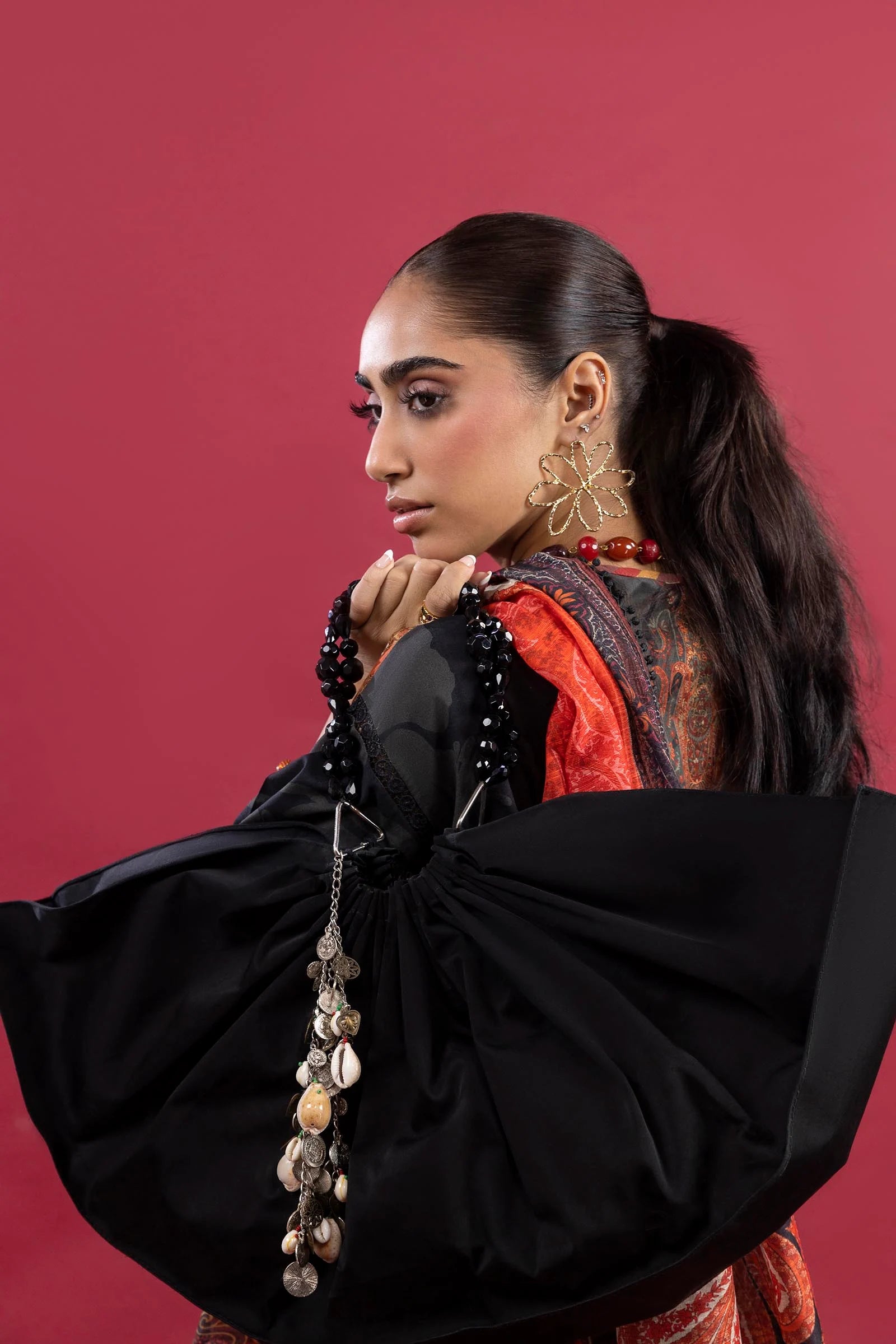 H253-001A-3DE – Mahay all-black lawn stitched suit with organza neckline and printed monarc dupatta – Elegant Pakistani outfit for UK women at Pakistanimoda