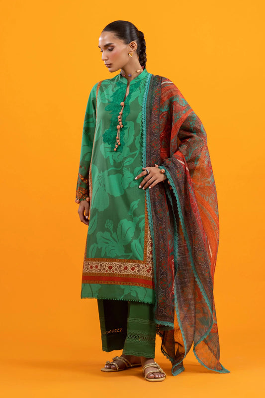 H253-001B-3DE – Mahay stitched emerald green lawn suit with embroidered organza neckline and printed monarc dupatta – Summer collection at Pakistanimoda