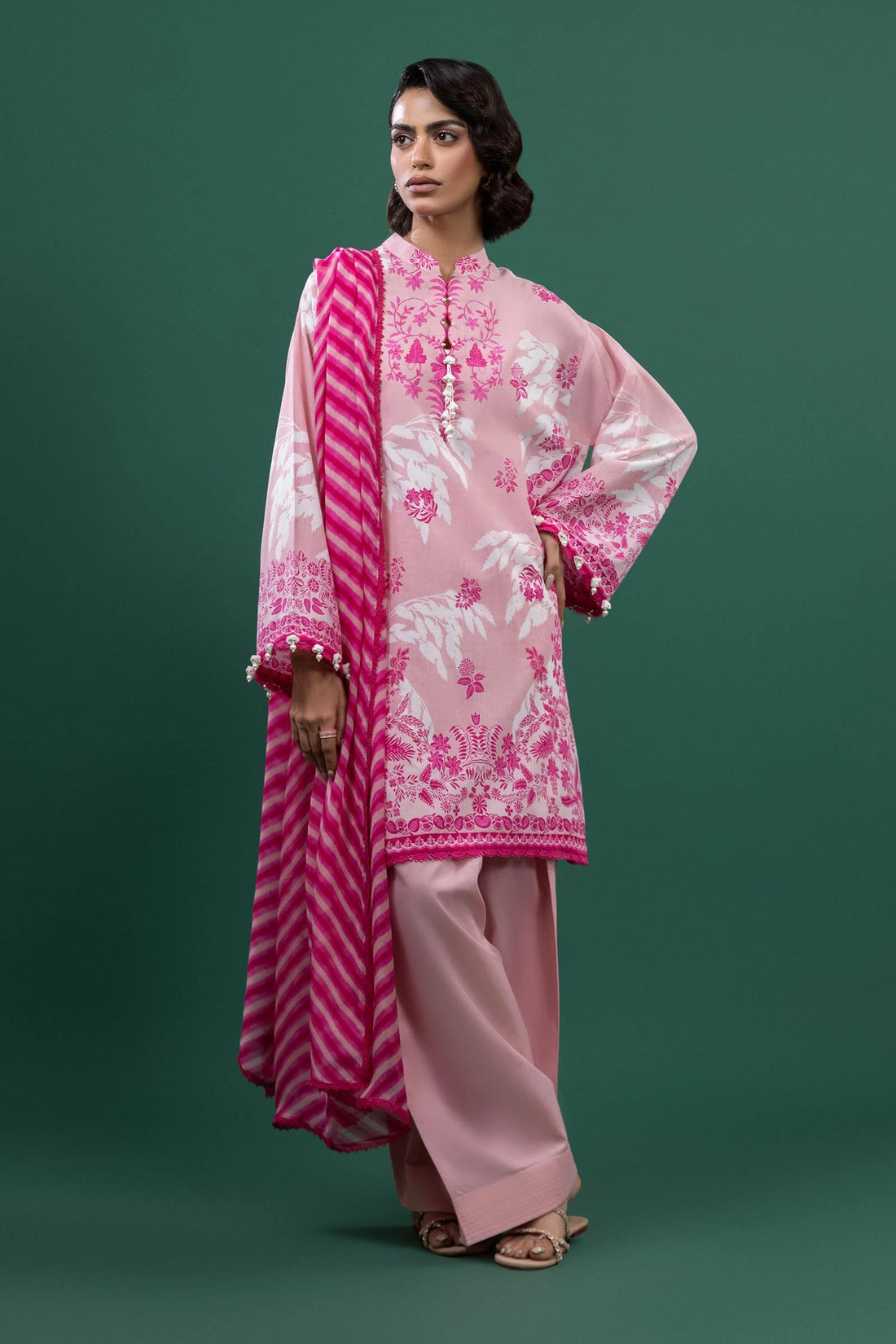H253-003A-3AI – Mahay pastel lawn outfit with printed shirt, cambric pants, and soft blush pink chiffon dupatta – Summer stitched suit at Pakistanimoda