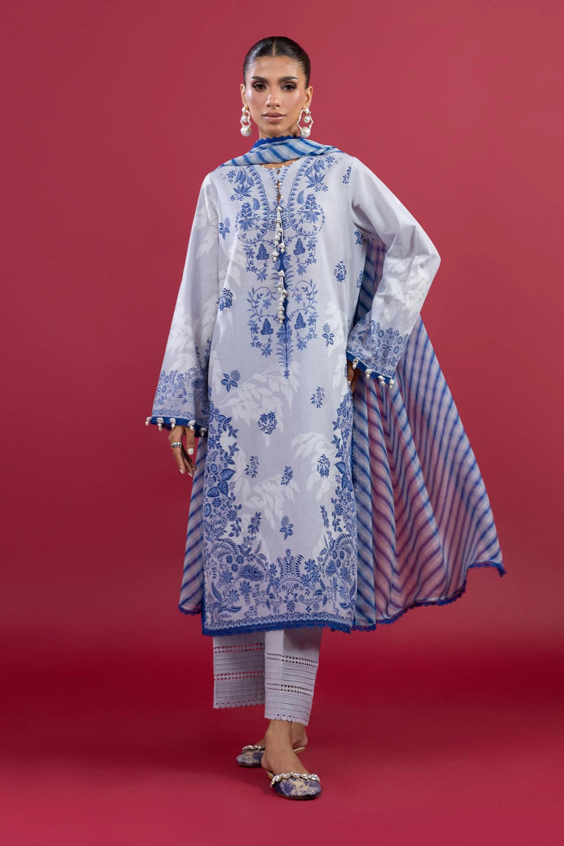 H253-003B-3AI – Mahay aqua lawn stitched outfit with chiffon dupatta and cambric pants – Summer-ready suit for Pakistani women abroad at Pakistanimoda