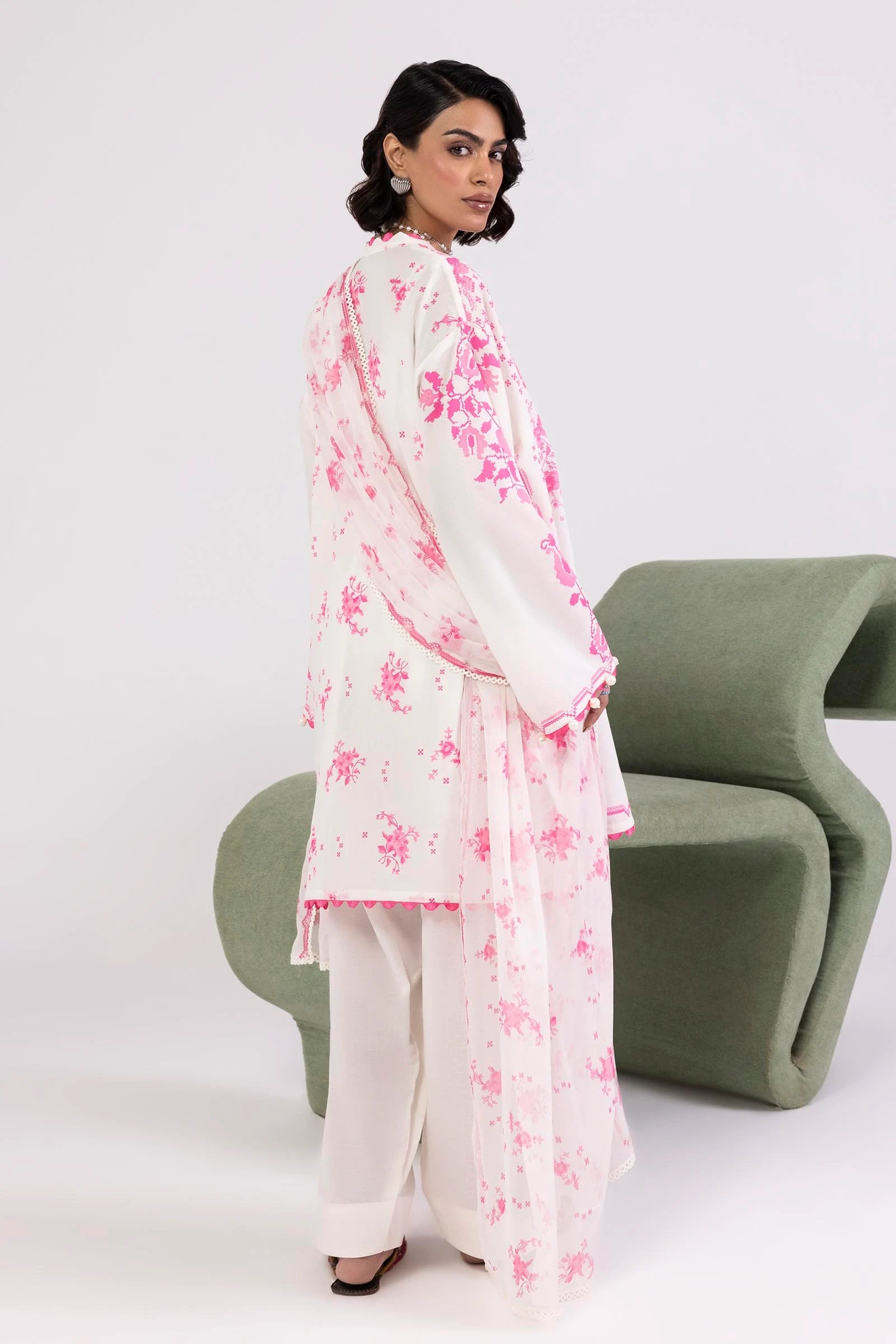 H253-004A-3AI – Mahay stitched floral lawn suit with pink chiffon dupatta and cambric trousers – Summer ready-to-wear outfit at Pakistanimoda