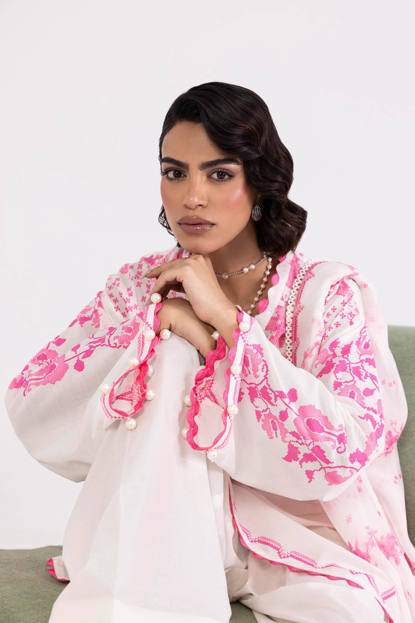 H253-004A-3AI – Mahay stitched floral lawn suit with pink chiffon dupatta and cambric trousers – Summer ready-to-wear outfit at Pakistanimoda