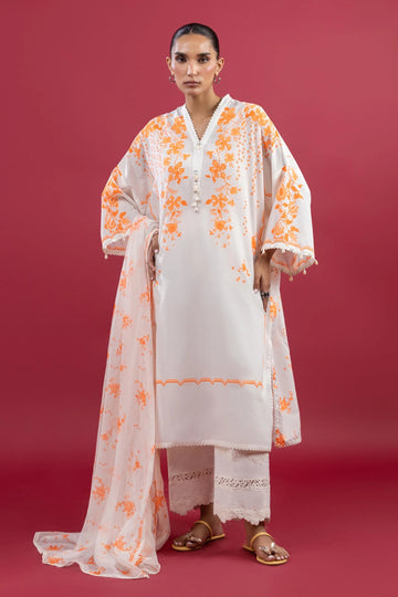 H253-004B-3AI – Mahay stitched lawn outfit with dyed cambric pants and printed chiffon dupatta in orange tones – Ready-to-wear for UK women at Pakistanimoda