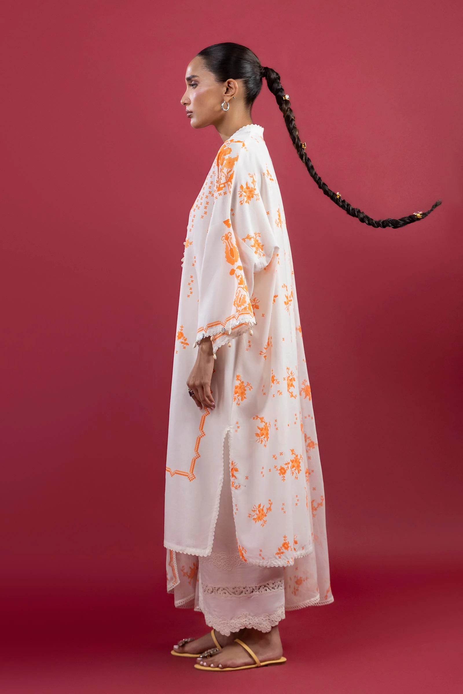 H253-004B-3AI – Mahay stitched lawn outfit with dyed cambric pants and printed chiffon dupatta in orange tones – Ready-to-wear for UK women at Pakistanimoda