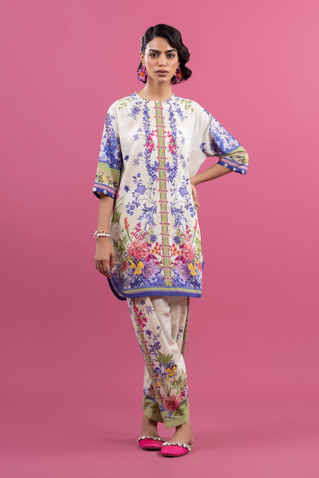 H253-005A-2C – Mahay stitched lawn dress with blue print, cambric pants, and chiffon dupatta – Ready-to-wear for USA shoppers at Pakistanimoda