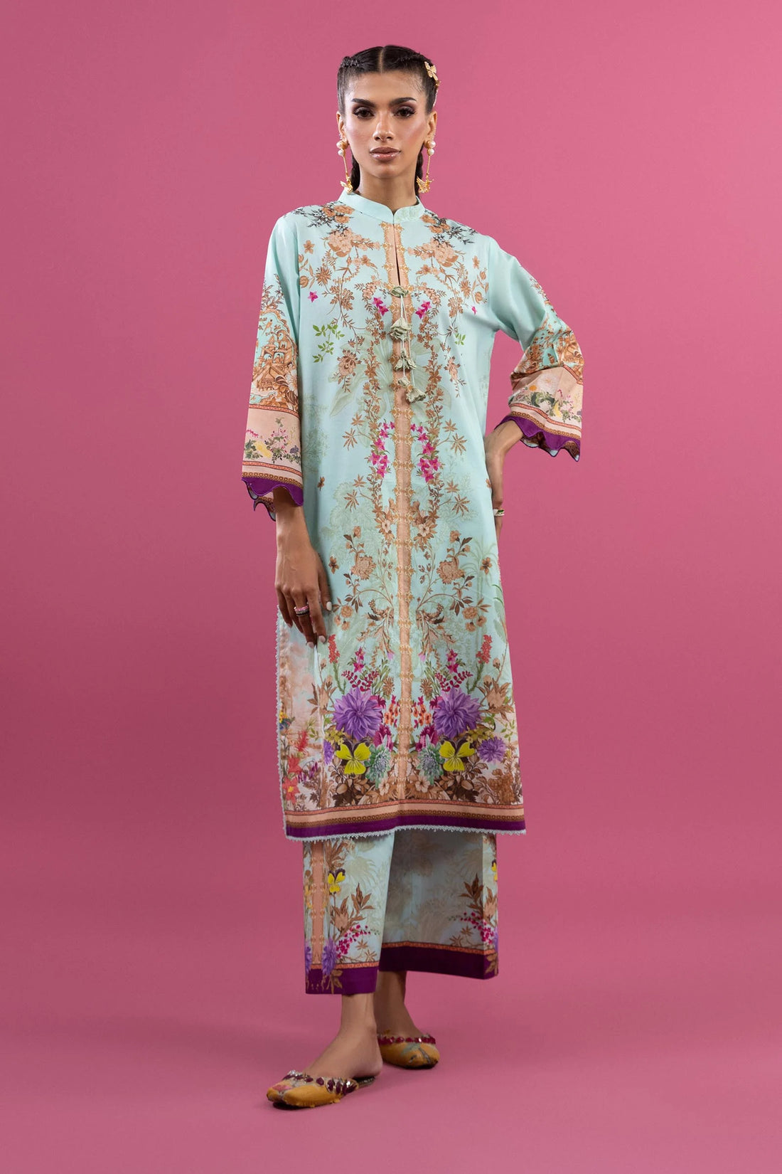 H253-005B-2C – Mahay stitched lawn suit with green chiffon dupatta and cambric pants – Soft pastel outfit for global buyers at Pakistanimoda