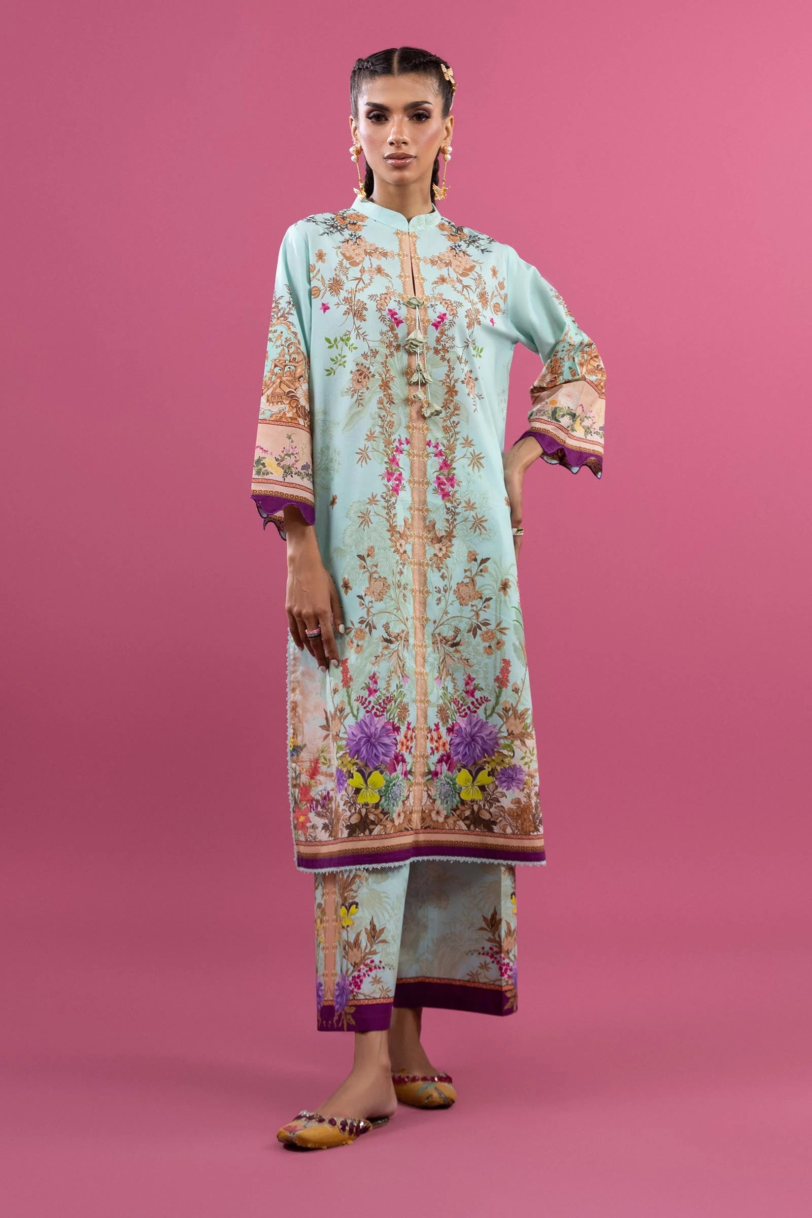 H253-005B-2C – Mahay stitched lawn suit with green chiffon dupatta and cambric pants – Soft pastel outfit for global buyers at Pakistanimoda