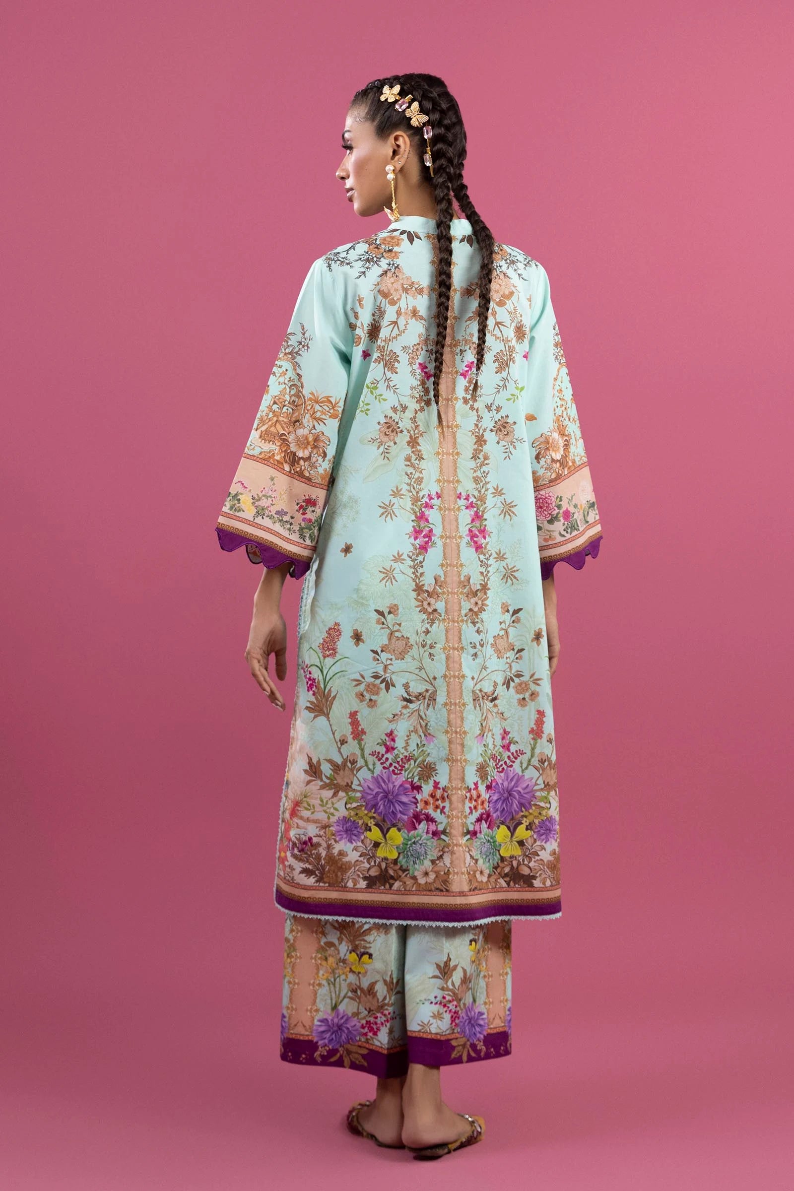 H253-005B-2C – Mahay stitched lawn suit with green chiffon dupatta and cambric pants – Soft pastel outfit for global buyers at Pakistanimoda