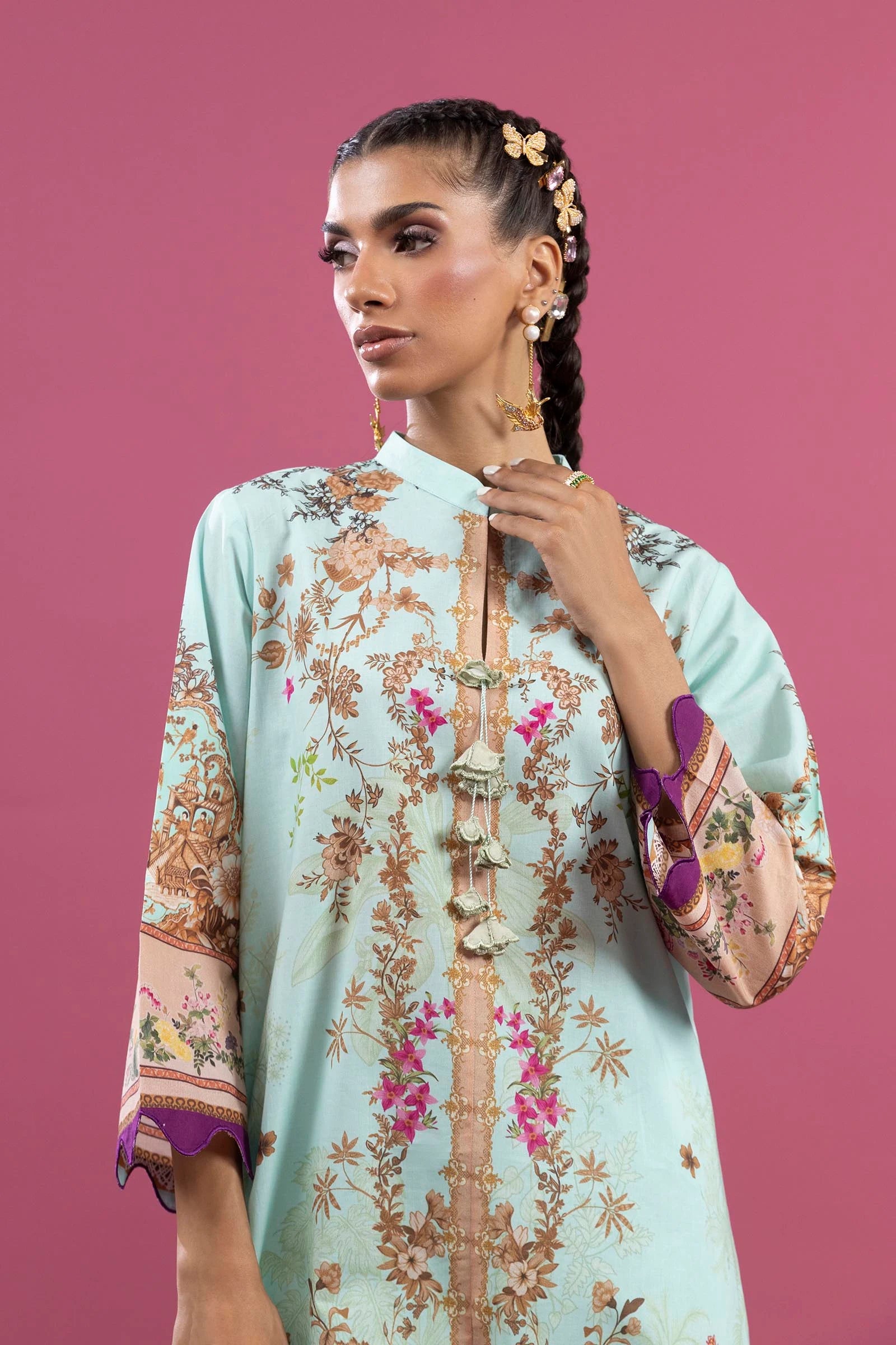 H253-005B-2C – Mahay stitched lawn suit with green chiffon dupatta and cambric pants – Soft pastel outfit for global buyers at Pakistanimoda
