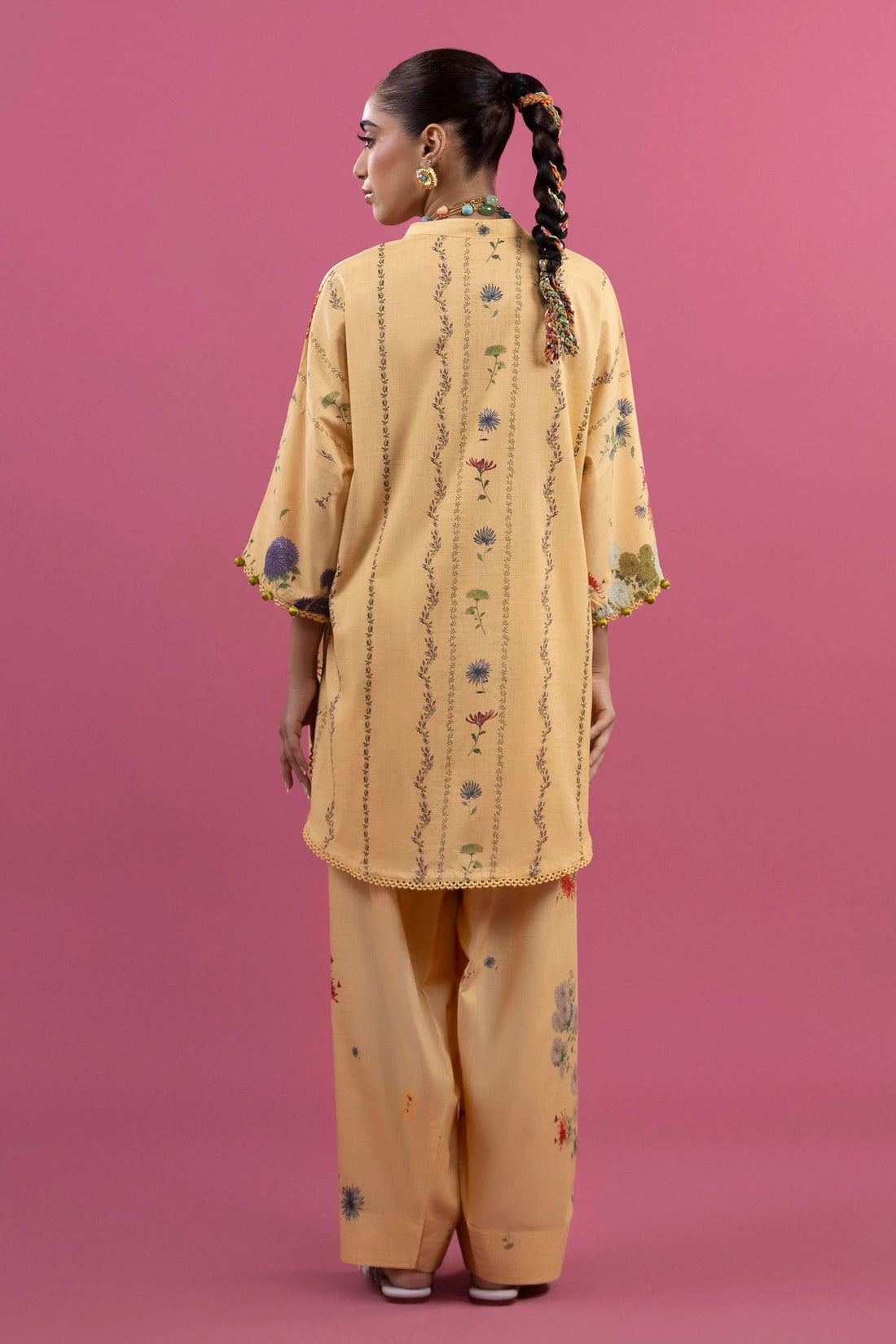 H253-006B-2C – Mahay stitched lawn outfit with peach chiffon lace dupatta and cambric pants – Summer suit at Pakistanimoda