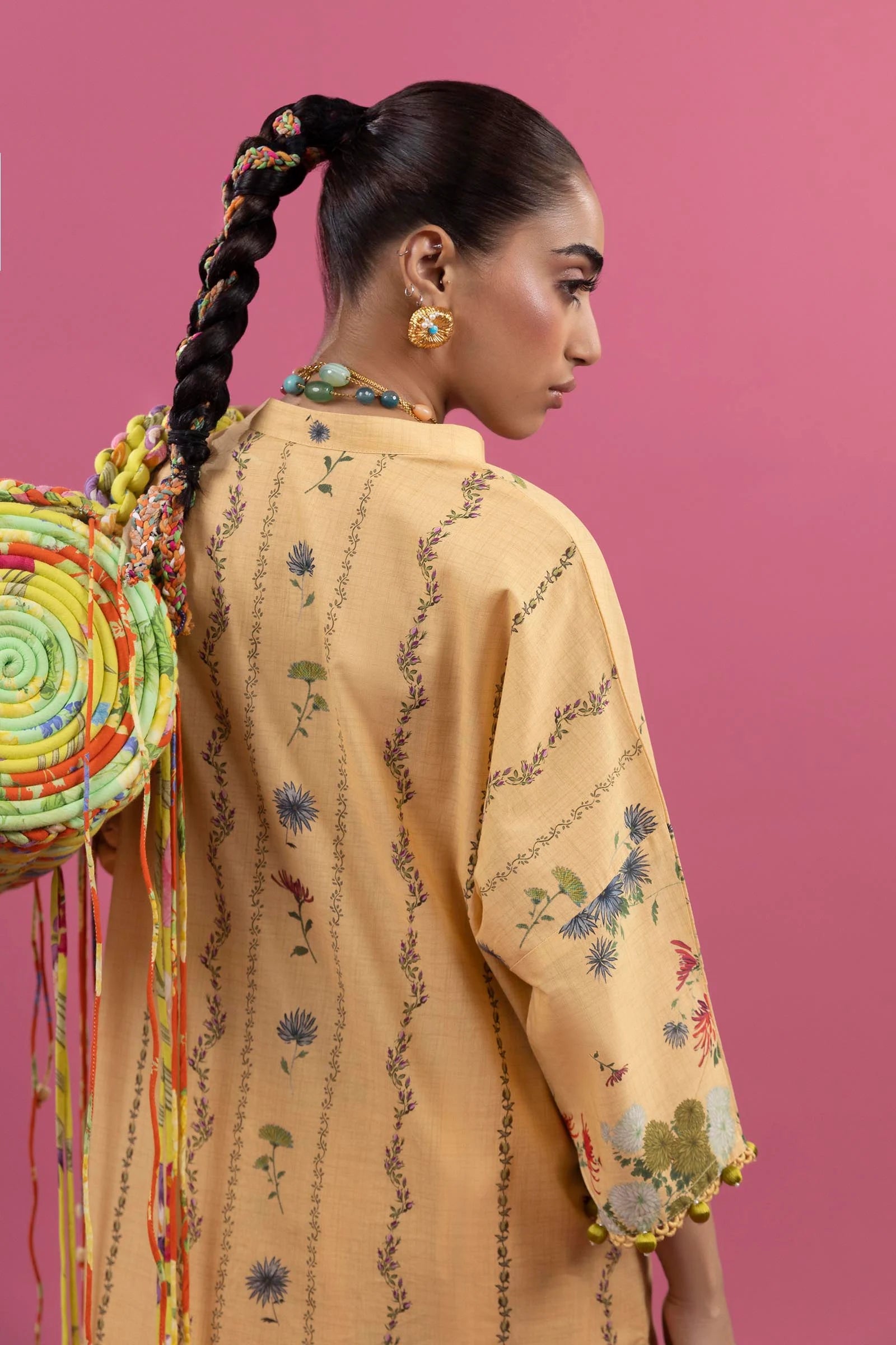 H253-006B-2C – Mahay stitched lawn outfit with peach chiffon lace dupatta and cambric pants – Summer suit at Pakistanimoda