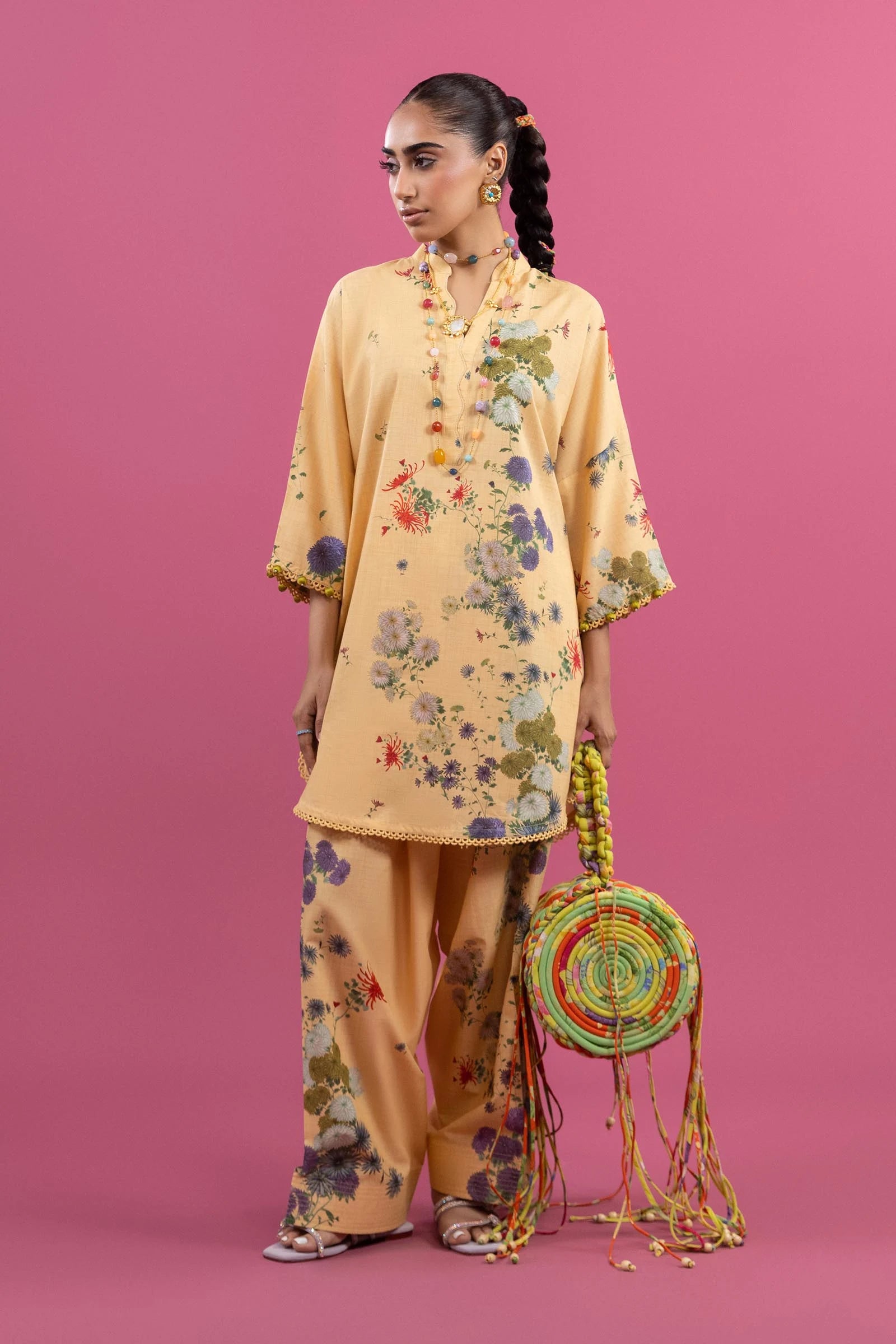 H253-006B-2C – Mahay stitched lawn outfit with peach chiffon lace dupatta and cambric pants – Summer suit at Pakistanimoda
