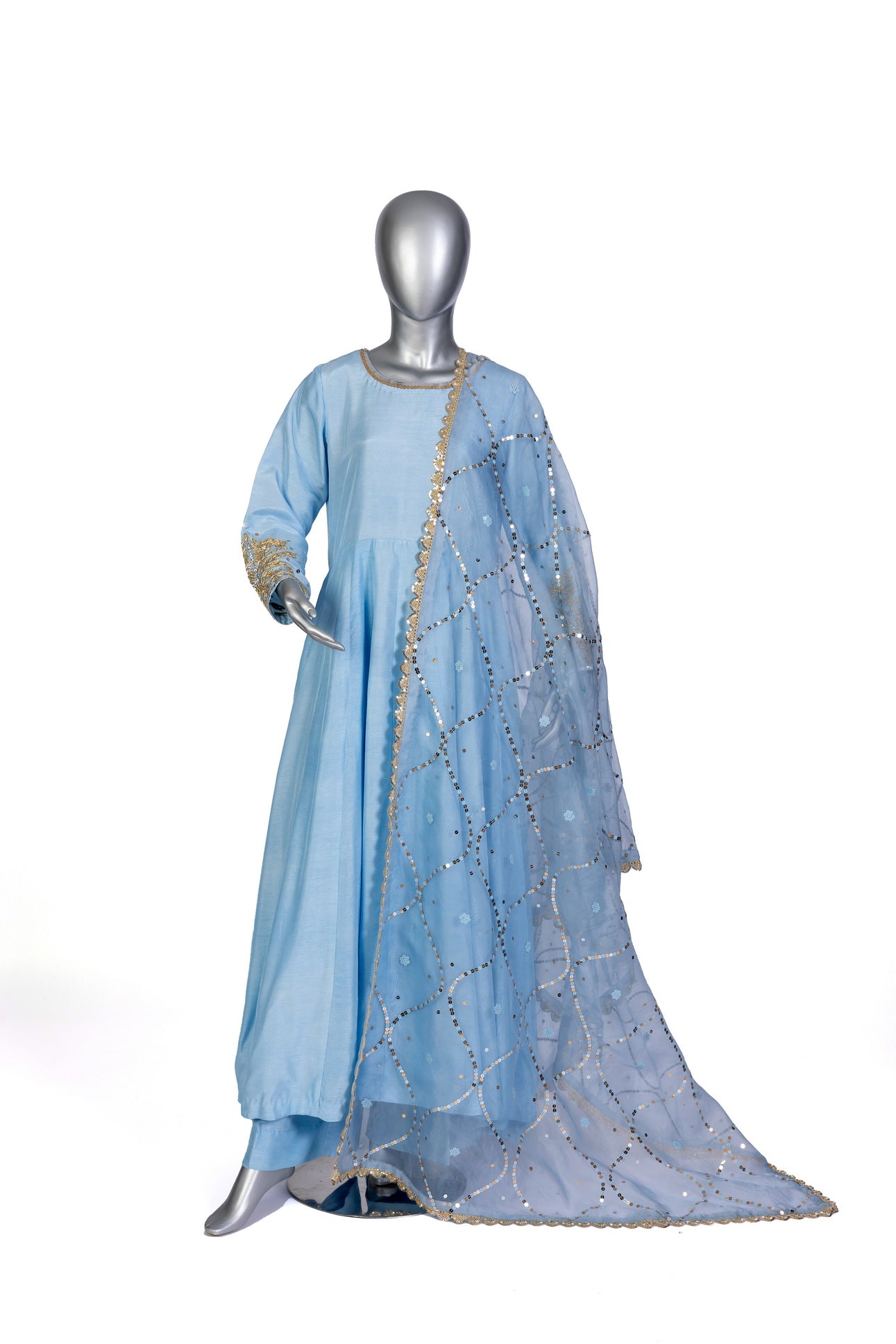 Hafsa sky blue silk Anarkali with hand embroidery, straight pants, and organza dupatta for weddings, evening parties, and formal occasions by MariamRaj